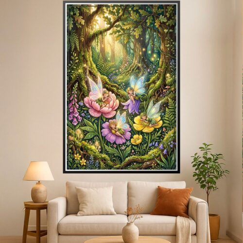 Watercolor wall art depicting four sleeping fairies with glowing wings nestled on pink, purple, and yellow flowers in an enchanted green forest.