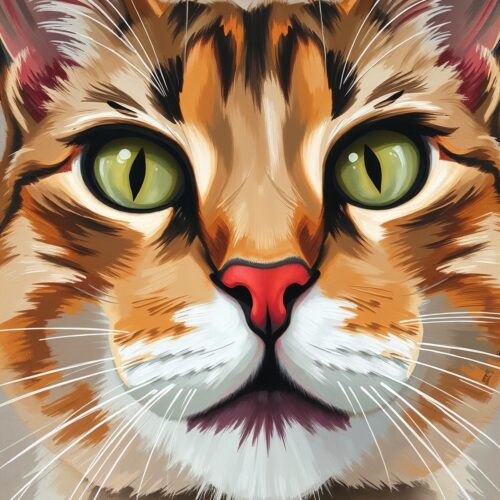 Vibrant expressionist painting of a ginger tabby cat's face with piercing green eyes and a pink nose. Modern cat wall art print.