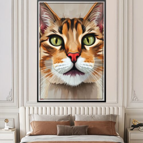 Vibrant expressionist painting of a ginger tabby cat's face with piercing green eyes and a pink nose. Modern cat wall art print.