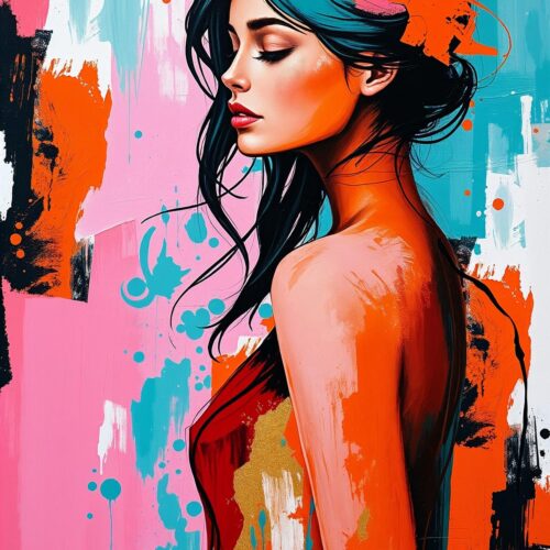 Pop art woman poster wall art in hot pink, orange, and teal tones with black and gold accents.