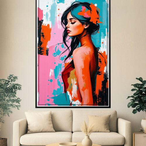 Pop art woman poster wall art in hot pink, orange, and teal tones with black and gold accents.