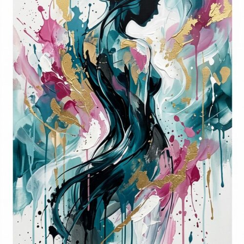 expressionist female figure poster wall art in teal, magenta, and gold tones