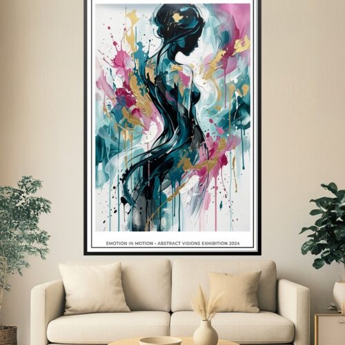 expressionist female figure poster wall art in teal, magenta, and gold tones