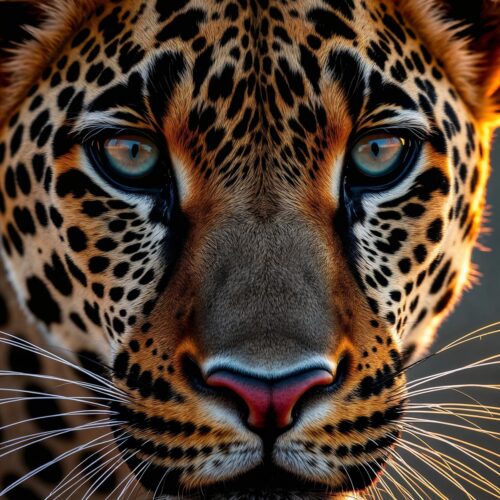 Close-up photographic print of a leopard's face with intense aqua eyes and golden light on its fur, wildlife wall art.