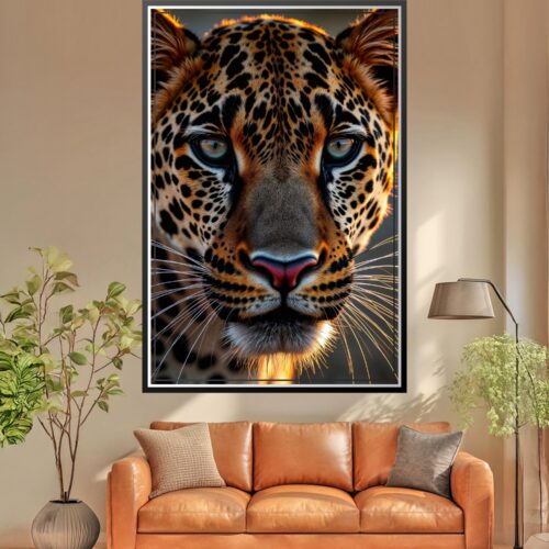 Close-up photographic print of a leopard's face with intense aqua eyes and golden light on its fur, wildlife wall art.