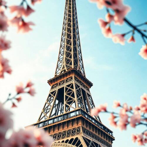 Photographic print of the Eiffel Tower framed by soft pink cherry blossoms against a clear blue sky.