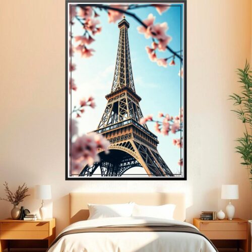 Photographic print of the Eiffel Tower framed by soft pink cherry blossoms against a clear blue sky.