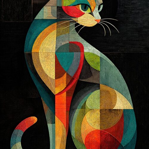 Vibrant geometric cat wall art with teal, orange, and red segments against a dark background, textured with fine lines.