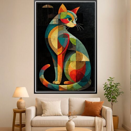 Vibrant geometric cat wall art with teal, orange, and red segments against a dark background, textured with fine lines.
