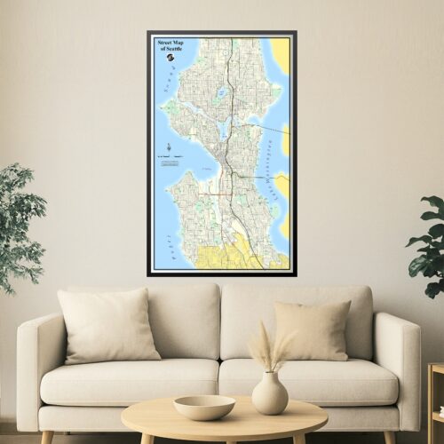 Seattle street map cartographic poster featuring detailed roads, waterways, and neighborhoods.