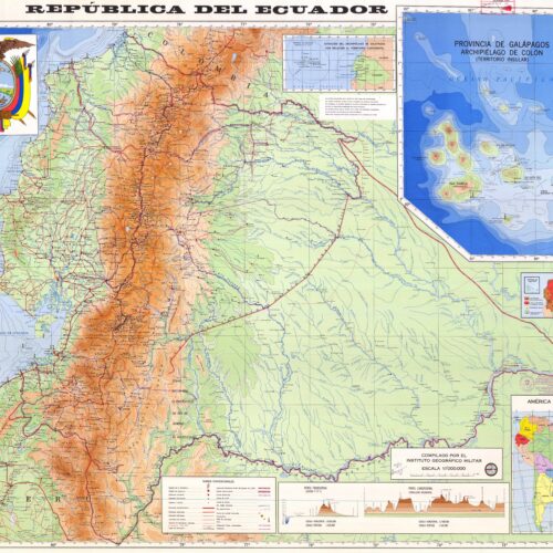 Political map of Ecuador showing provinces, Andes mountains, Amazon region, Pacific coast, and Galápagos archipelago with elevation contours and city markers.