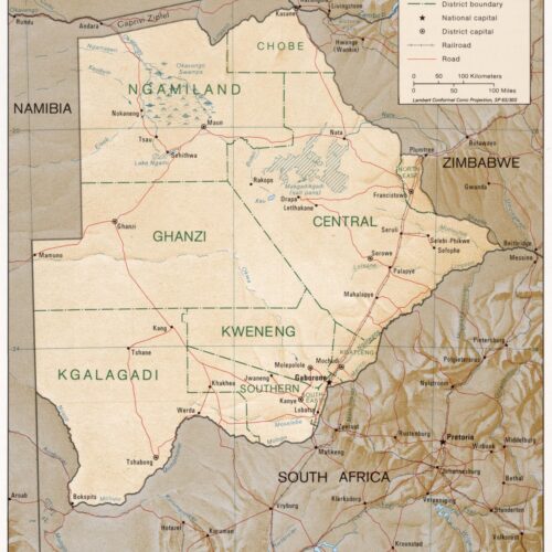Political map of Botswana showing districts, cities, international boundaries, and transportation networks in classic cartographic style with earth-tone colors.