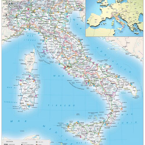 Detailed political map of Italy showing all 20 regions, major cities, surrounding seas, and a context map of Europe with color-coded administrative divisions and transportation networks.