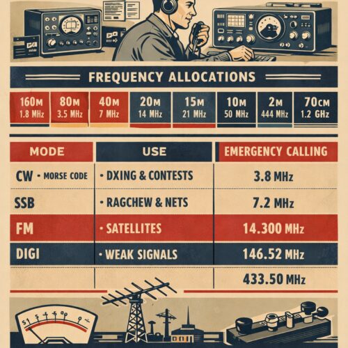 Vintage style Ham Radio band plan poster with frequency charts, technical equipment illustrations, and retro red and navy colors.