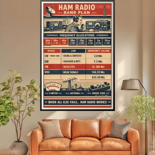 Vintage style Ham Radio band plan poster with frequency charts, technical equipment illustrations, and retro red and navy colors.