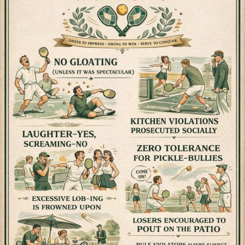 Vintage style illustration of Pickleball Club Rules poster with humorous text and scenes of people playing pickleball.