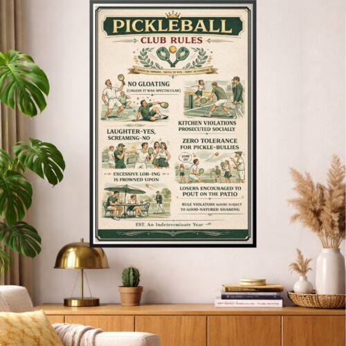 Vintage style illustration of Pickleball Club Rules poster with humorous text and scenes of people playing pickleball.