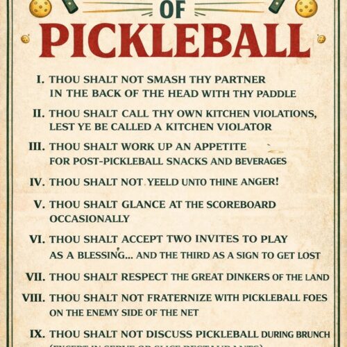 Vintage style poster titled The Ten Commandments of Pickleball with paddles and balls, featuring humorous rules for players.