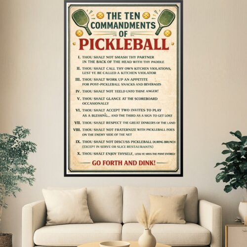 Vintage style poster titled The Ten Commandments of Pickleball with paddles and balls, featuring humorous rules for players.
