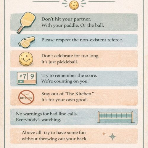A vintage-style wall art poster titled Pickleball Etiquette with humorous rules, paddle, and ball icons in soft blue and beige.