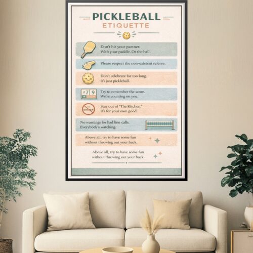 A vintage-style wall art poster titled Pickleball Etiquette with humorous rules, paddle, and ball icons in soft blue and beige.