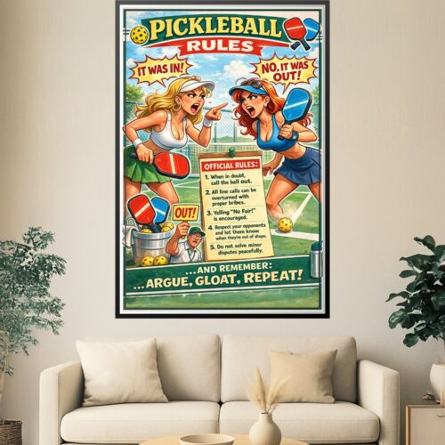 A pop art style poster titled Pickleball Rules featuring two women arguing on a court with humorous official rules listed in the center.