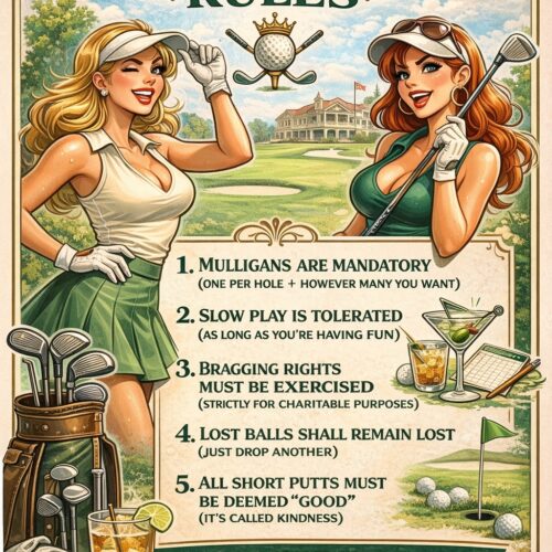 Vintage style poster titled Unofficial Golf Club Rules featuring two female golfers, golf equipment, and funny golf rules.