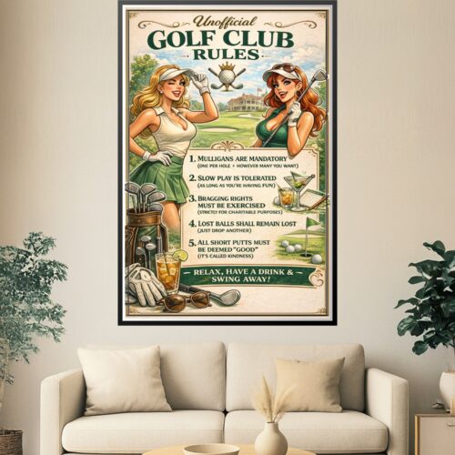Vintage style poster titled Unofficial Golf Club Rules featuring two female golfers, golf equipment, and funny golf rules.