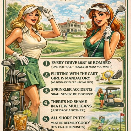 A retro-style poster titled Golf Club Rules featuring two illustrated women and humorous golfing advice, perfect as wall art.