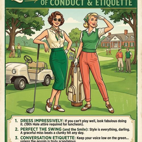 Vintage-style poster titled Ladies Golf Club Rules with retro illustrations of two women golfers on a golf course.