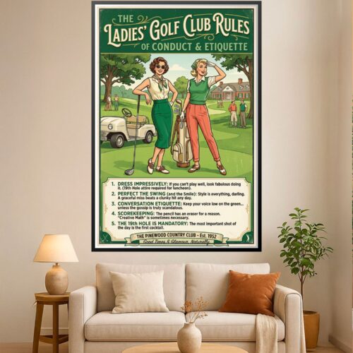 Vintage-style poster titled Ladies Golf Club Rules with retro illustrations of two women golfers on a golf course.
