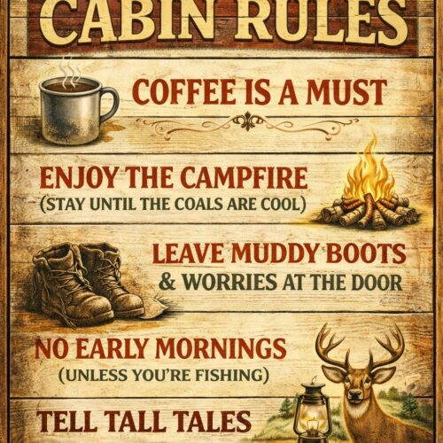 Vintage style cabin rules poster on wood grain background featuring illustrations of a fish, deer, campfire, and lantern.
