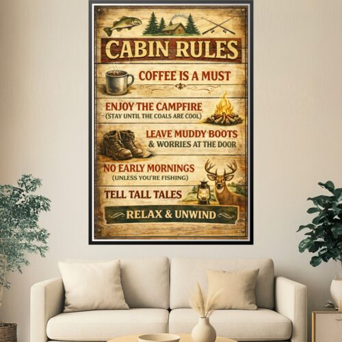 Vintage style cabin rules poster on wood grain background featuring illustrations of a fish, deer, campfire, and lantern.