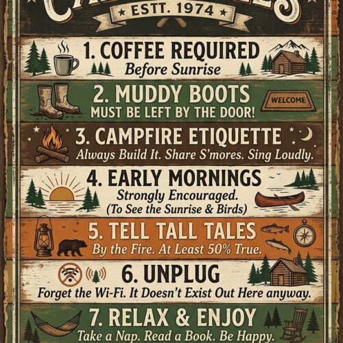 A vintage-style Cabin Rules poster with rustic wood texture, featuring eight fun rules for lodge life including graphics of trees, a canoe, and a lantern.