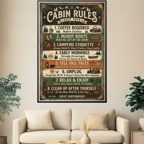 A vintage-style Cabin Rules poster with rustic wood texture, featuring eight fun rules for lodge life including graphics of trees, a canoe, and a lantern.