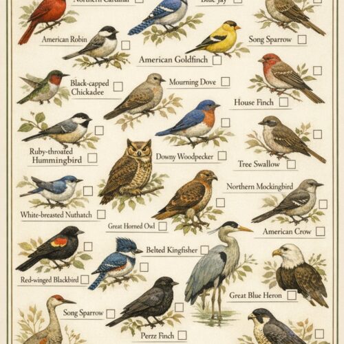Vintage style North American bird checklist poster featuring various bird illustrations and checkboxes for tracking sightings.