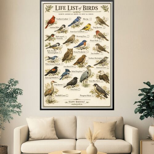 Vintage style North American bird checklist poster featuring various bird illustrations and checkboxes for tracking sightings.