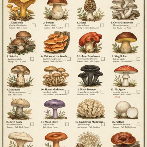 Vintage botanical style mushroom foraging guide poster featuring 20 different mushroom species with labels.