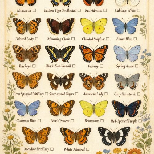Vintage style butterfly life list poster featuring 20 different butterfly species with checkbox labels on a cream botanical background.