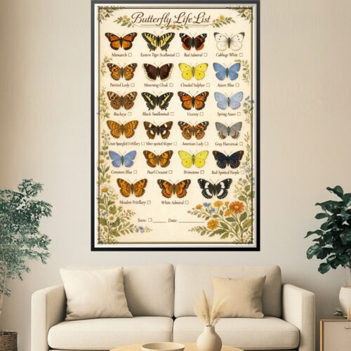 Vintage style butterfly life list poster featuring 20 different butterfly species with checkbox labels on a cream botanical background.