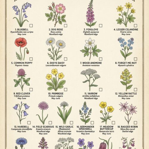 Vintage style wildflower spotting checklist poster featuring 24 detailed botanical illustrations of European flowers with scientific names.