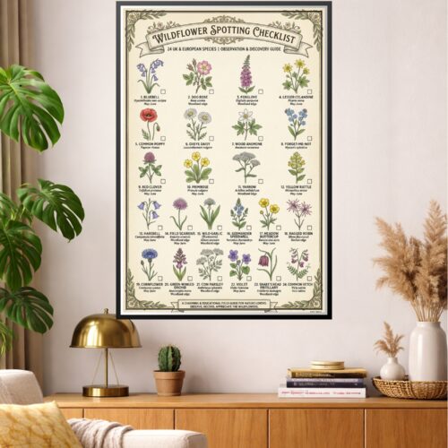 Vintage style wildflower spotting checklist poster featuring 24 detailed botanical illustrations of European flowers with scientific names.