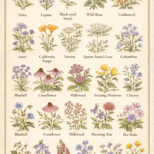 Vintage watercolor poster featuring a collection of illustrated wildflowers with labels on a cream paper background.