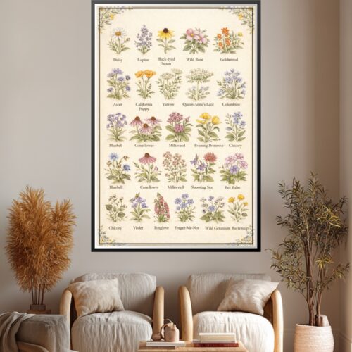 Vintage watercolor poster featuring a collection of illustrated wildflowers with labels on a cream paper background.