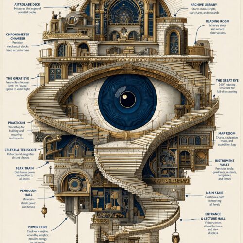 Baroque style poster of a celestial observatory shaped like a giant eye with detailed architectural labels.