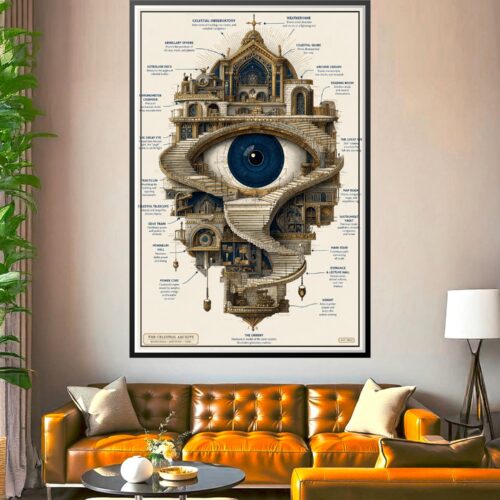 Baroque style poster of a celestial observatory shaped like a giant eye with detailed architectural labels.