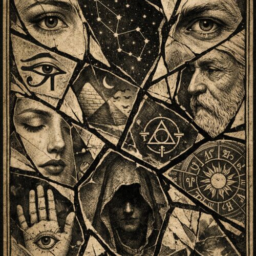 Surrealist sketch style wall art titled Fragments of Truth featuring occult symbols, eyes, pyramids, and constellations in sepia tones.