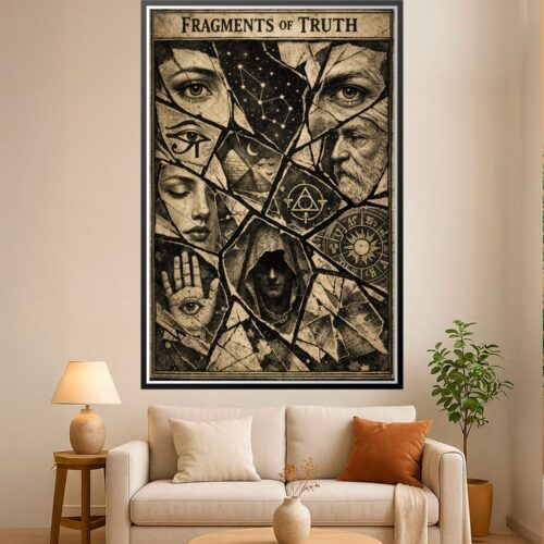 Surrealist sketch style wall art titled Fragments of Truth featuring occult symbols, eyes, pyramids, and constellations in sepia tones.
