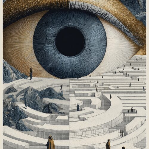 Surrealist art print of a giant eye overlooking a labyrinth with tiny figures, featuring gold and navy tones.