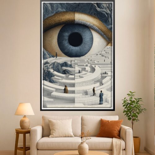 Surrealist art print of a giant eye overlooking a labyrinth with tiny figures, featuring gold and navy tones.
